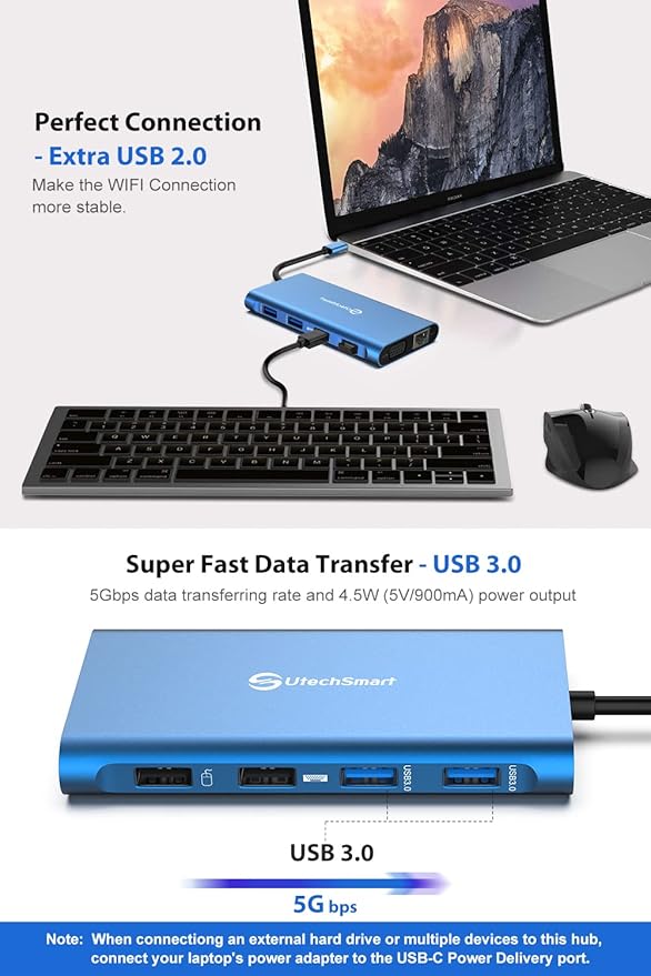UtechSmart 11 in 1 Docking Station, Triple Monitors USBC Laptop Docking Station with 2 HDMI, VGA, PD3.0, SD TF Card Slot, 4 USB Ports USB-C Adapter Compatible for MacBook & Windows(Blue)