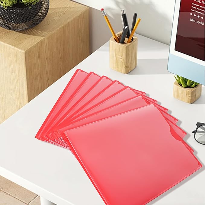 Pastel Plastic File Folders with Pockets and Prongs, 7 Pack, A4 Letter Size, Heavy Duty Waterproof Office Folders with Clear Front Cover for School, Home, and Office (Red)