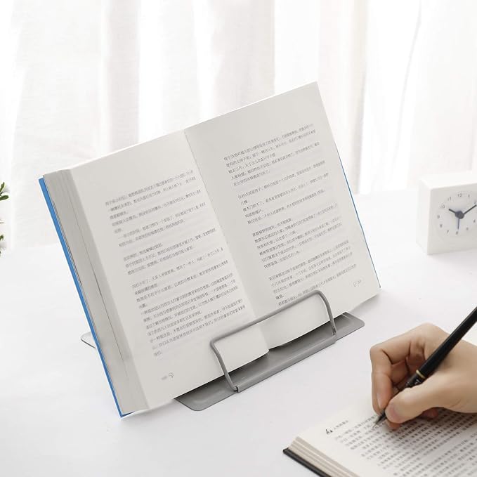 MSDADA Desk Book Stand Metal Reading Rest Book Holder Angle Adjustable Stand Document Holder Portable Sturdy Lightweight Bookstands-Textbooks Tablet Music Books Cook Recipe (Grey)