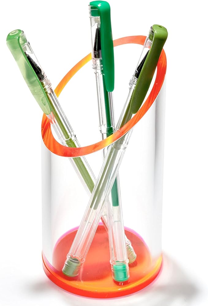 OfficeGoods Acrylic Pen & Pencil Holder - Modern Cylinder Design - Beautiful Desk Organizer for Home or Office - Contrasting Base & Rim - 5.25” H x 2.5” W - Neon Red