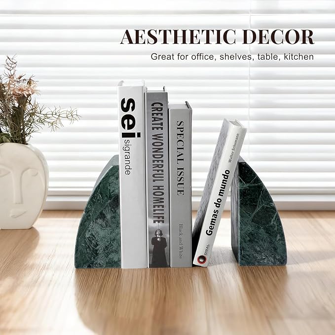 Koville Marble Bookends for Shelves, 8Lbs Large Stone Bookends for Heavy Books, Non-Slip Heavy Duty Book Stopper, Modern Decorative Book Ends for Bookshelf Table Home Decor(Green)