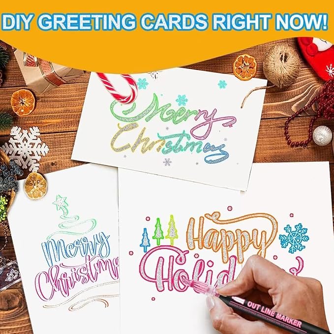 Double Line Outline Markers 12 Colors Super Squiggles Glitter Self Outline Metallic, Doodle Shimmer Drawing Pens for Christmas Greeting Card, Birthday Gift, DIY Art Crafts