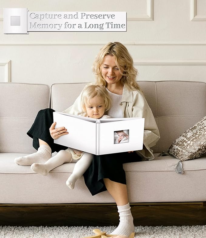 Photo Album Self Adhesive Scrapbook Album for 3x5 4x6 5x7 8x10 Pictures, 60 Pages Linen Cover with Display Window DIY Photo Book,Ideal Gifts for Family Travel Wedding Baby