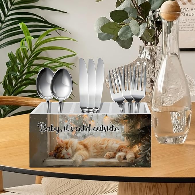 Winter Christmas Cat Pen Pencil Holder Organizer for Desk Accessories, Cat Mom Lovers Gifts for Women Wooden Box Sign Desk Decor for Office Decoration, Christmas Office Decor