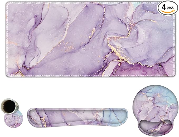 ARTSO Large Mouse Pad Ergonomic Keyboard Wrist Rest Support Set, Memory Foam Gel Wrist Pad, Extended Desk Mat Protector, Non-Slip Desk Blotter, Purple Blue Marble