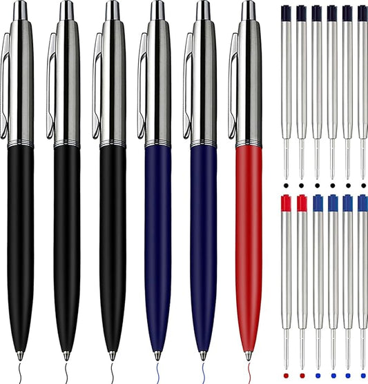 ChaoQ 6 Pcs Ballpoint pens, Refillable & Retractable Metal Ballpoint pens 1.0mm Medium Point Smooth Writing Pens School Office Supplies Gifts, 12 Extra Replaceable Refills, Black/Blue/Red Inks