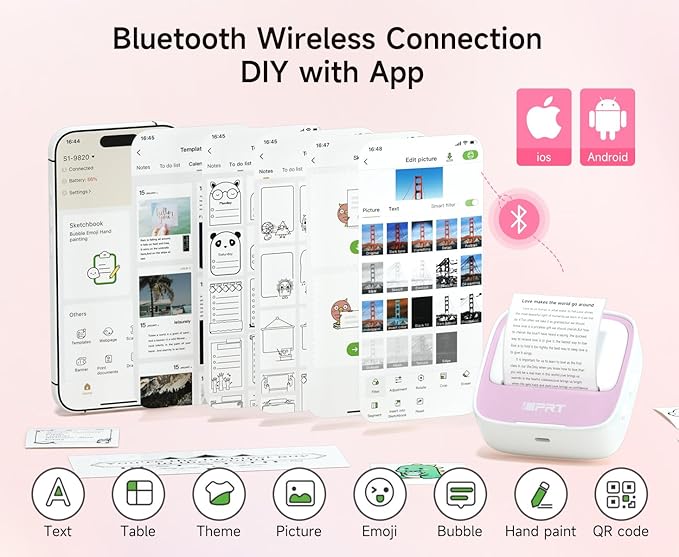iDPRT Portable Sticker Maker Machine with 1 Roll Sticker Paper, Mini Printer Efficiently and Quickly, Thermal Printer for Study Notes, Pictures, DIY, Label, Free App with Multiple Templates, Pinkcolor