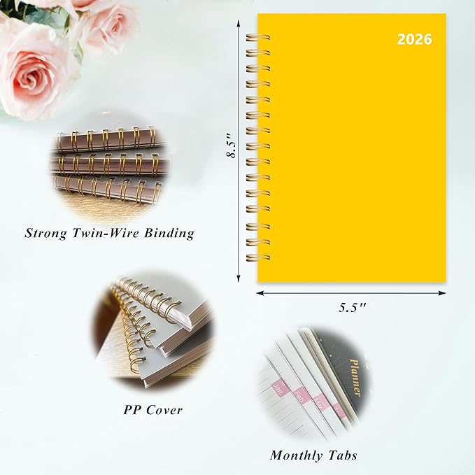 Planner 2026 January to December, 5.5" x 8.5" Daily Weekly and Monthly Calendar Planner for Productivity, Goal Setting & Time Management, Organizer for Work, School & Life - Yellow Hard Cover