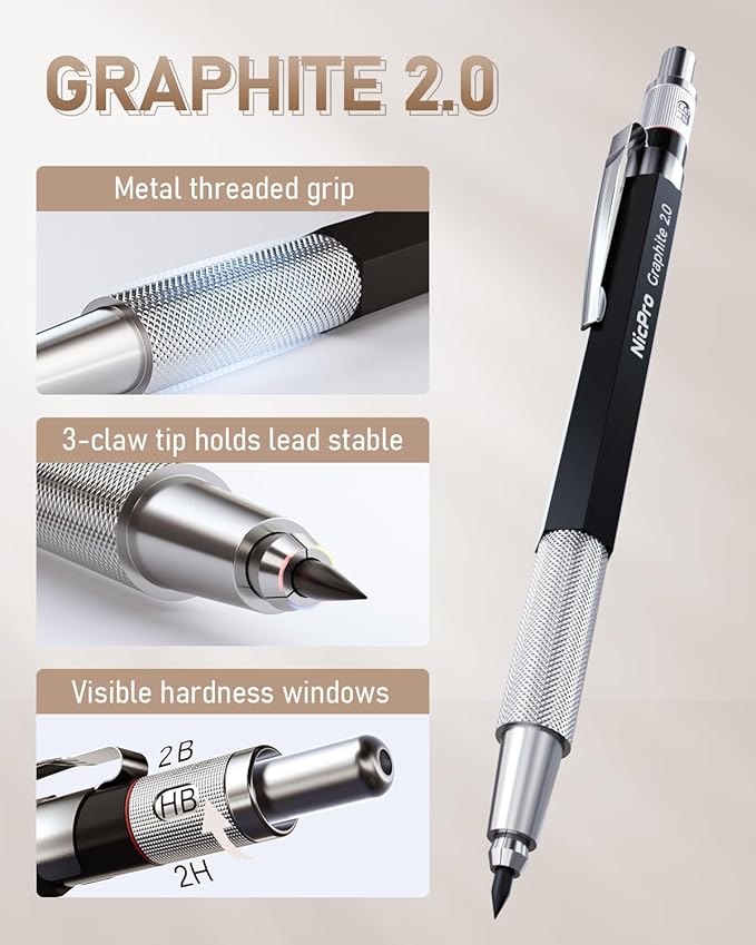 Nicpro 30PCS Art Mechanical Pencil Set in Leather Case, Metal Drafting Pencil 0.5 mm, 0.7 mm, 0.9 mm & 3 PCS 2mm Lead Holders for Sketching Drawing With 16 Tube (6B 4B 2B HB 2H 4H Colors) Lead Refills