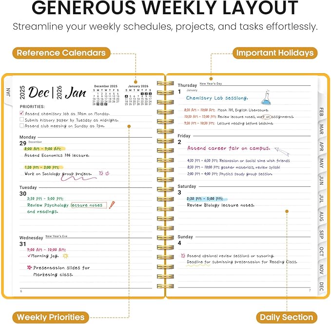 2026 Planner, Weekly and Monthly Calender Planner, Jan 2026 to Dec 2026, Hardcover 2026 Calendar Planner Book with Tabs & Inner Pocket, Office Home School Supplies for Women & Men - A5 (6.3" x 8.5"), Yellow