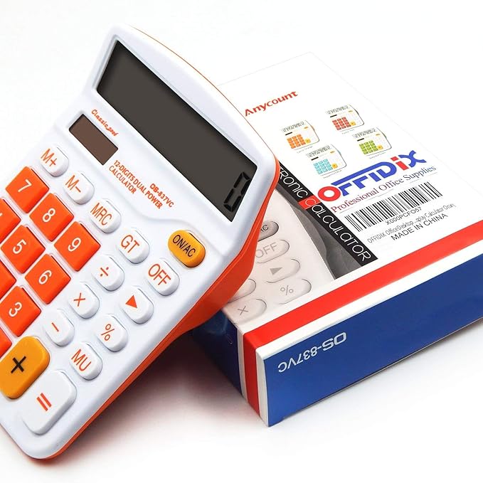 OFFIDIX Office Desktop Calculator, Solar and Battery Dual Power Electronic Calculator Portable 12 Digit Large LCD Display Calculator, Orange