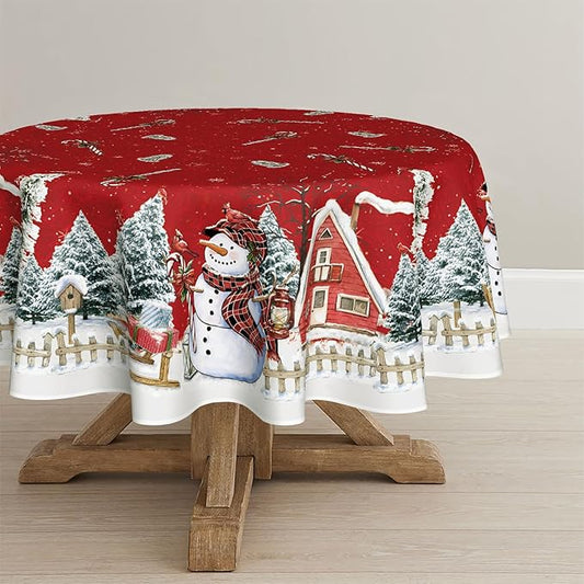 Horaldaily Christmas Tablecloth 70×70 Inch Round, Winter Snowman House Christmas Trees Red Washable Table Cover for Party Picnic Dinner Decor