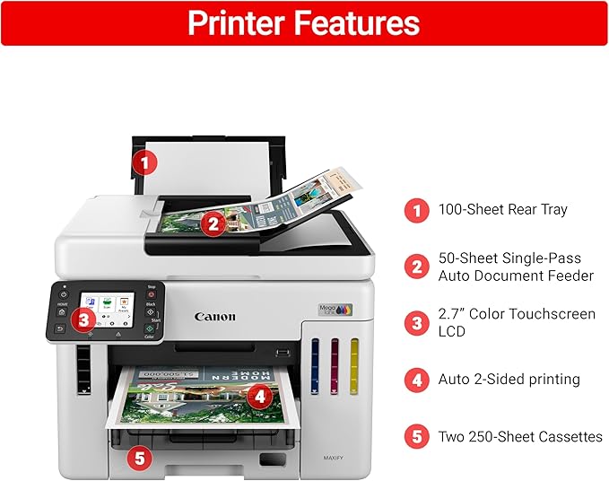 Canon Megatank GX7120 Wireless All-in-One Printer, Print, Copy, Scan and Fax with 2.7" LCD Touch Screen and Auto Document Feeder, White