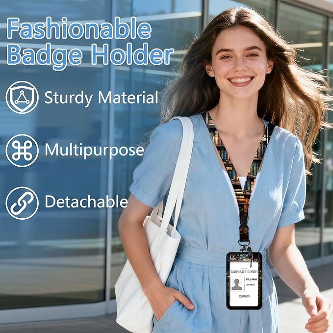 Lanyards for Id Holder, Bookshelf ID Badge Holder with Retractable Lanyard, ID Holder with Badge Reel Clips, Name Tag ID Card Holder Teacher Women Doctor Office Gift