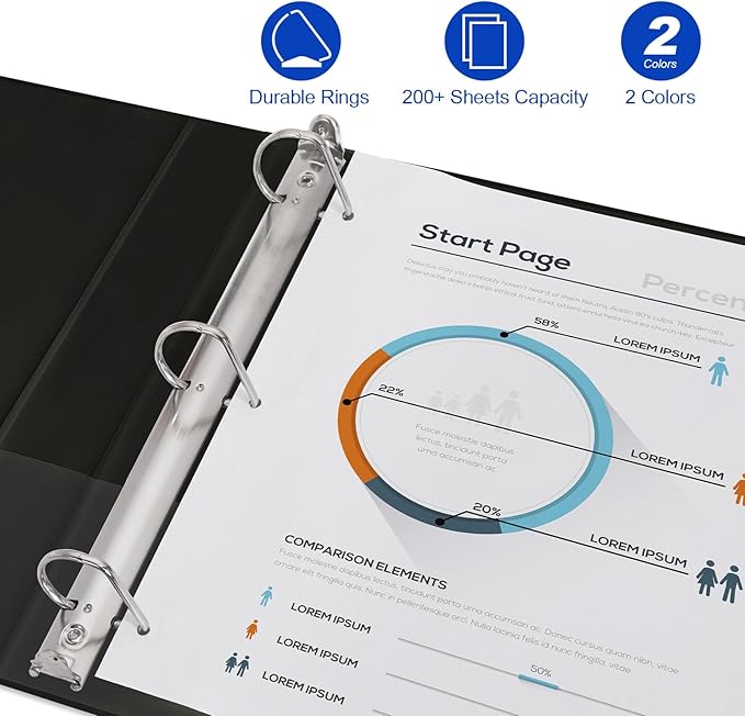 Comix D-Ring Basic View Binder 1 inch 3 Ring Binders, Hold 225 Sheets of 8.5" x 11" Paper, 12 Pack (Black)