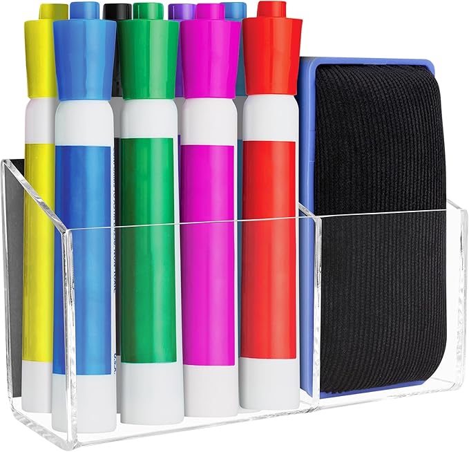 Magnetic Dry Erase Marker Holder for Whiteboard，Acrylic Magnetic Pen Holder for Fridge, 2 Compartments Whiteboard for Office, Home, Locker(Clear)-Brown