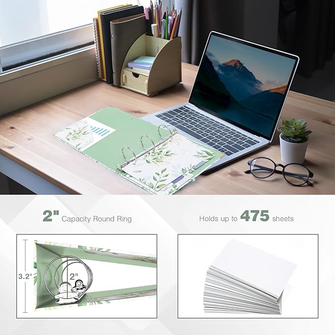 Ospelelf Small Three Ring Binder 2 Inch, Green Floral Round Ring Clipboard Binder with 5 Tab Dividers, for School and Office Supplies, Greenleaf