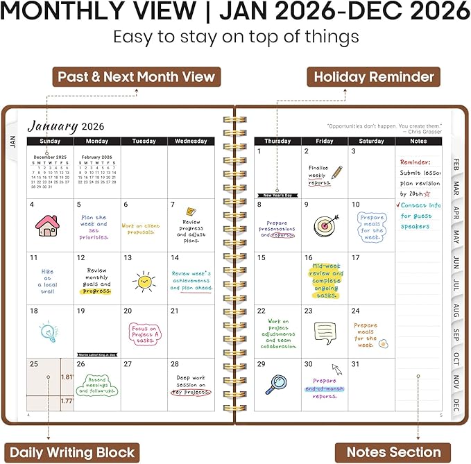2026 Planner 8.5" x 11", Weekly and Monthly Calendar Planner Book, January 2026 - December 2026, Hardcover Spiral Planner with Monthly Tabs, Notes Pages, Perfect for Women & Men, A4 - Brown