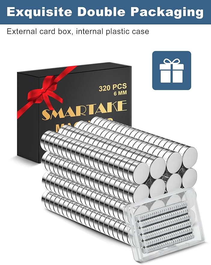 SMARTAKE 320 Pcs Refrigerator Magnets, 6x2mm Small Round Fridge Magnet, Multi-Use Premium Neodymium Office Magnets for Fridge, Whiteboard, Billboard in Home, Kitchen, Office and School (Silver)