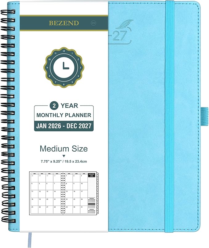 BEZEND Monthly Planner 2026-2027 (Spiral-7" x 9") 2 Year Calendar Book with Note Pages - Jan 26 to Dec 27-120 GSM Paper, Inner Pockets, Laminated Tabs, Vegan Leather Softcover - Sky Blue