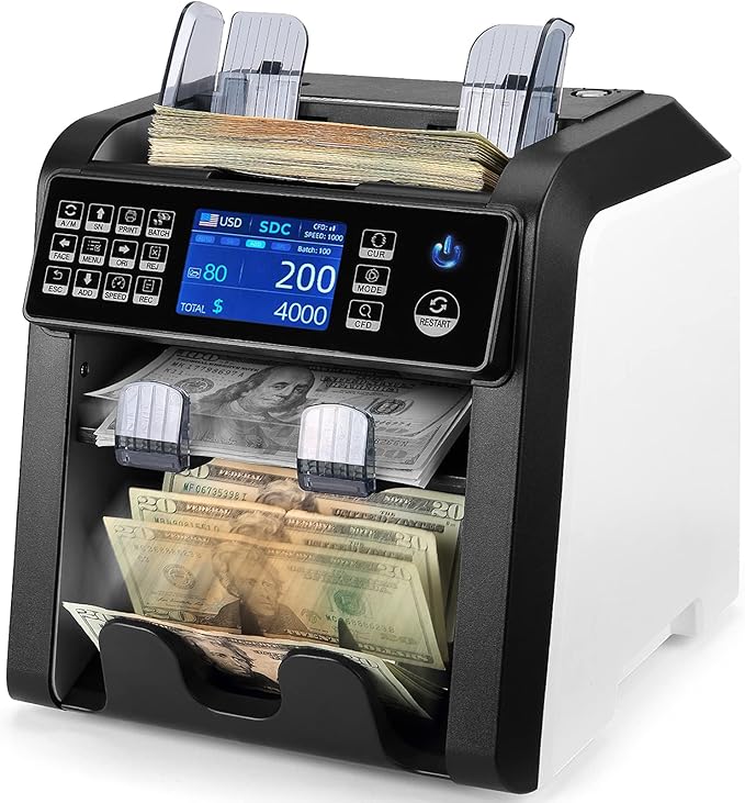 MUNBYN IMC08 Dual Money Counter Machine Mixed Denomination with Reject Pocket, Value Counting, Counterfeit Detection 2 CIS/UV/MG/IR, Sort&Print Enabled Cash Counter, Mixed Bill Counter (White)