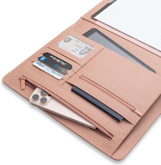 FOREVERMORE PORTFOLIOS Padfolio Binder Organizer for Women | Faux Leather Portfolio Folder for Resume, Documents, Notebook, Tablet and Business Cards | Notepad Included - Pink