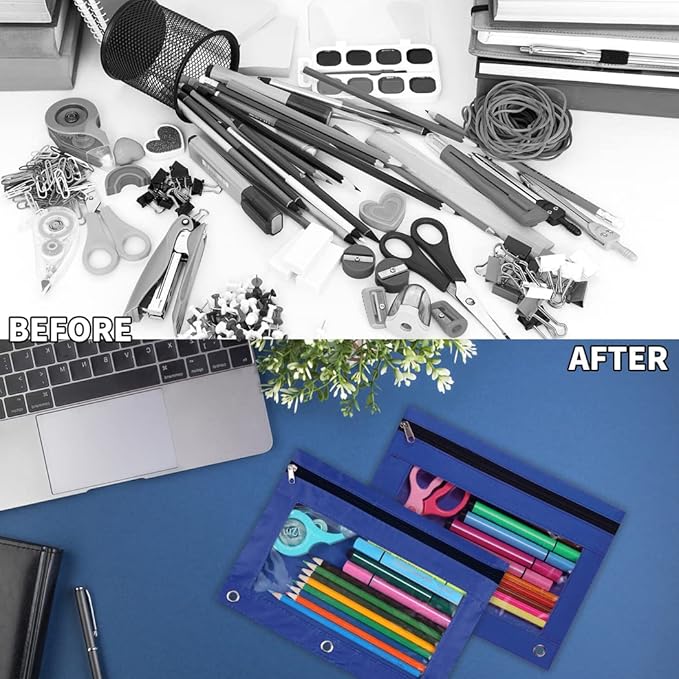 YoeeJob 60 Pack Zipper Pencil Pouch for 3 Ring Binder with Clear Window for School and Office Supplies (Blue)