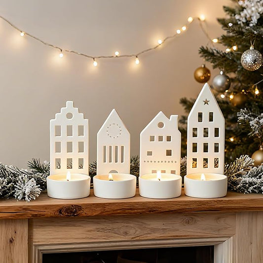 DN DECONATION House Tealight Candle Holders Set of 4 – Christmas Candle Holder Centerpieces for Tables, Modern Christmas Decorations Mantel Candlestick Holders Holiday Table Decor Ceramic
