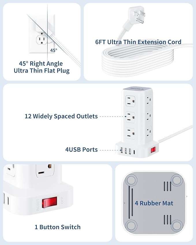 Power Strip Tower, 6.5 Ft Flat Plug Extension Cord, 16 IN 1 Power Bars with Surge Protector, Power Tower Bar with 12 AC Multiple Outlets 4 USB (1 USB C),for Home Office Desk