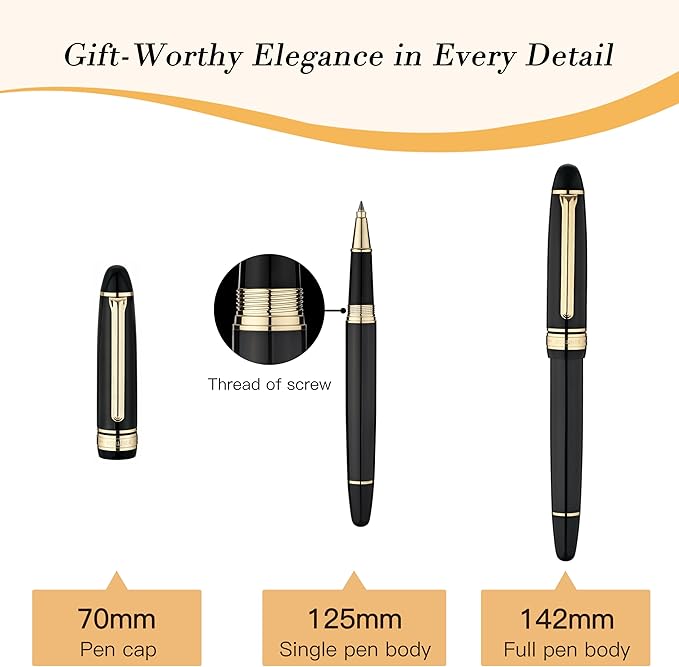 BEILUNER 319 Black Lacquer Rollerball - Stunning Luxury Pen with 24K Gold Finish, Heavy, Schneider Black Ink Refill, Best Gift Set for Men & Women, Professional, Executive Office, Nice Classic Pens