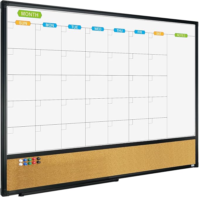 JILoffice Magnetic Calendar Whiteboard & Bulletin Corkboard Combination, Combo Board 36 x 24 Inch, Black Aluminum Frame Wall Mounted Board for Office Home and School with 10 Push Pins