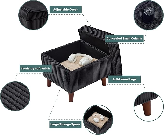 Storage Ottoman with Adjustable Lid, Soft Step Stool, Footrest and Seat, Ottoman Foot Rest for Living Room, Bedroom, Dorm, Dark Gray