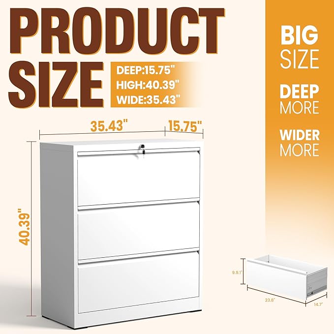 3-Drawer Lateral File Cabinet with Lock, Black Metal Filing Cabinet for Office or Home – Secure Storage for Letter/Legal/A4/F4 Documents, Easy to Assemble Locking File Organizer (White, 3 Drawer-40"H)