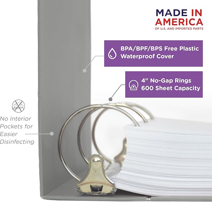 Carstens 4-Inch Heavy Duty 3-Ring Binder - Side Opening, Ash Gray, Durable Plastic, No-Gap Rings, Waterproof Cover, No Pockets, Holds 600 Letter Sheets, BPA-Free, Made in USA (1842-3R), Case of 10