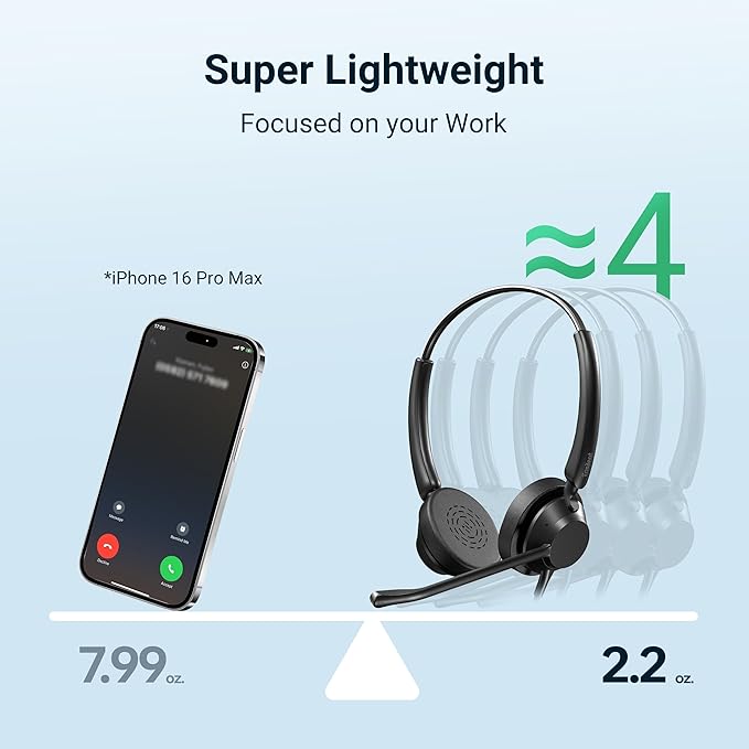 Lightweight Wired Headset with Microphone for PC, USB Headset with Noise Canceling Mic & in-line Control for Meetings, Computer Headset for Work, Office, WFH, Teams, Zoom, 3.5mm/USB-A