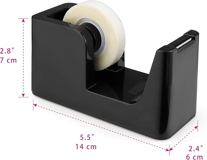 ABEL SimpleWork Desktop Tape Dispenser, Black, 1 in Core, Non-Skid Weighted Base, Tape Cutter for Office, Home, School, and Crafts