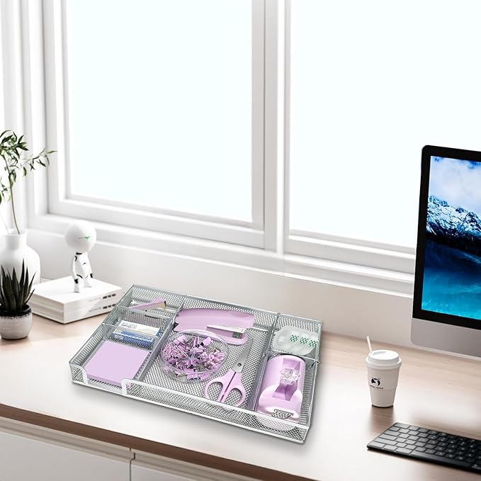 Purple Office Desk Accessories,Purple Office Supplies Set,Stapler and Tape Dispenser Set,Tape,Staple Remover, Staples,Paper Clips,Scissor,Sticky Note and Desk Drawer Organizer