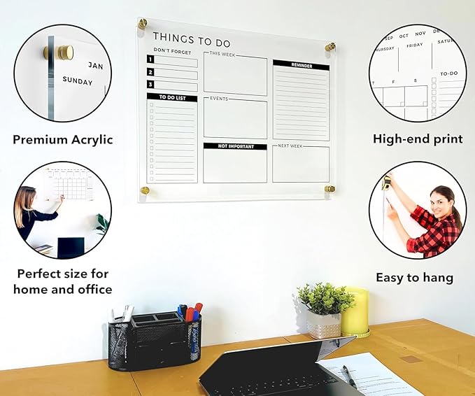 Acrylic Premium Wall Planner - Large Glass Calendar for Wall - To Do List Reminder - Large Dry Erase Board - Reusable Board for Office and Home - Dry Erase Board (Gold Standoff, 28"x40" (XLarge))