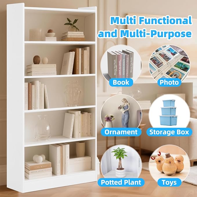 72" Rectangle Wooden Bookshelf with 5 Tier Bookshelf, Large Bookcase for Home Offices and Living Rooms with Storage Shelves, Display Shelves, White