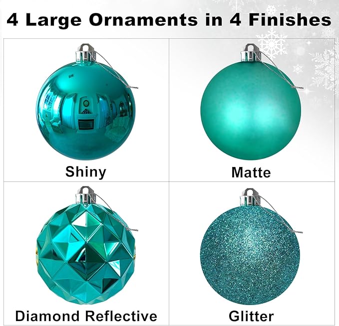Teal Set of XL (4.0") 4PCS Christmas Balls - Christmas Tree Decoration Ornaments Shatterproof Hanging Balls for New Year Easter Valentine Holiday Decorations
