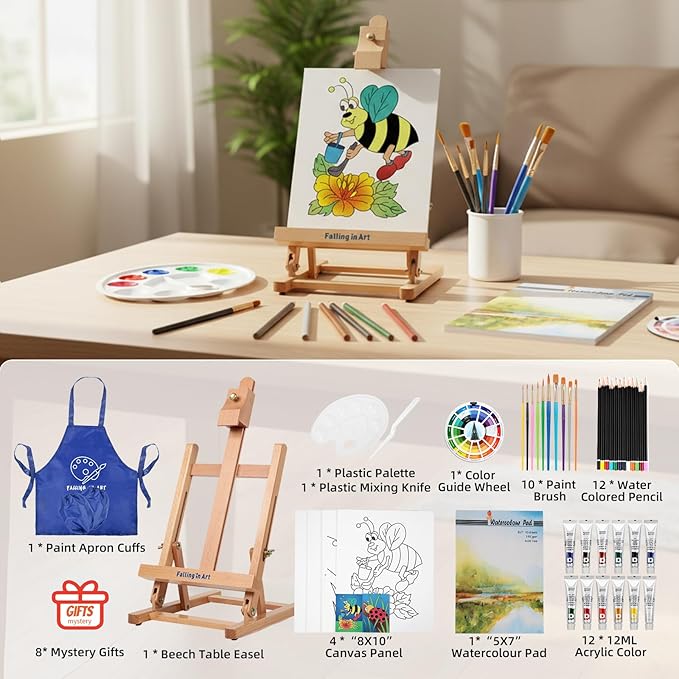 Falling in Art Painting Set for Kids with Table Easel-Acrylic Painting Starter Kit with Art Smock, 12 Acrylic Paints, 12 Water Soluble Colored Pencils, Paint Brushes, Canvas Panels and Watercolor Pad