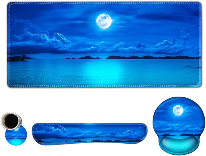 ARTSO Large Mouse Pad Set, Ergonomic Keyboard Wrist Rest Support, Memory Foam Gel Extended Non-Slip Desk Blotter Pad for Office, Home, Moon Blue Sea