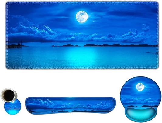 ARTSO Large Mouse Pad Set, Ergonomic Keyboard Wrist Rest Support, Memory Foam Gel Extended Non-Slip Desk Blotter Pad for Office, Home, Moon Blue Sea