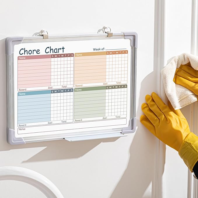 Lincia Magnetic Dry Erase Chore Chart Board for Multiple Kids Teens Adults 12"x16" Double Side Family 2 in 1 Combo Chore Board Weekly Calendar for Wall Aluminum Frame 8 Markers 1 Eraser