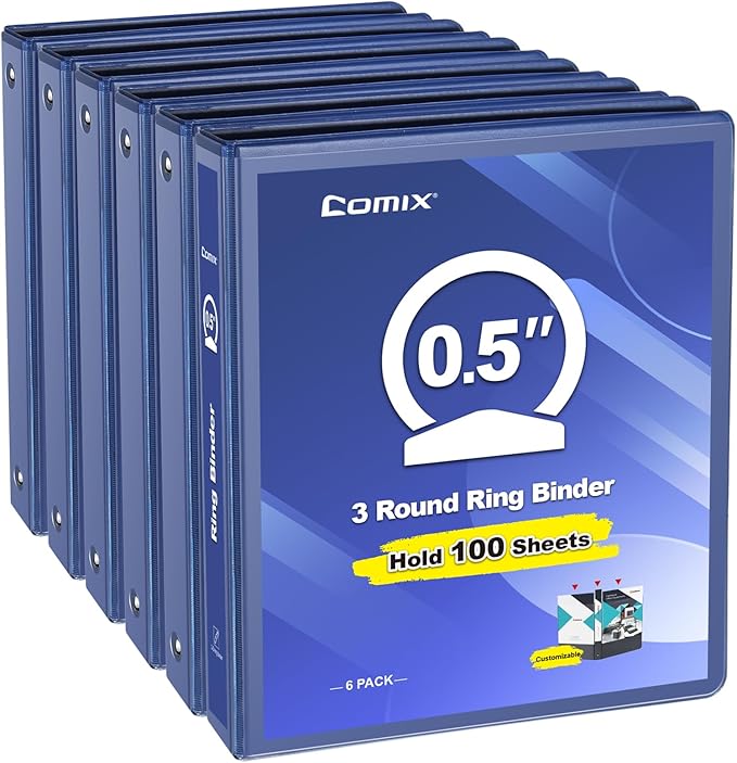 COMIX 3 Ring Binder 1/2 inch with Clear View Cover, 0.5" View Binder Holds 100 Sheets of US Letter Size Paper, 6 Pack (Dark Blue)