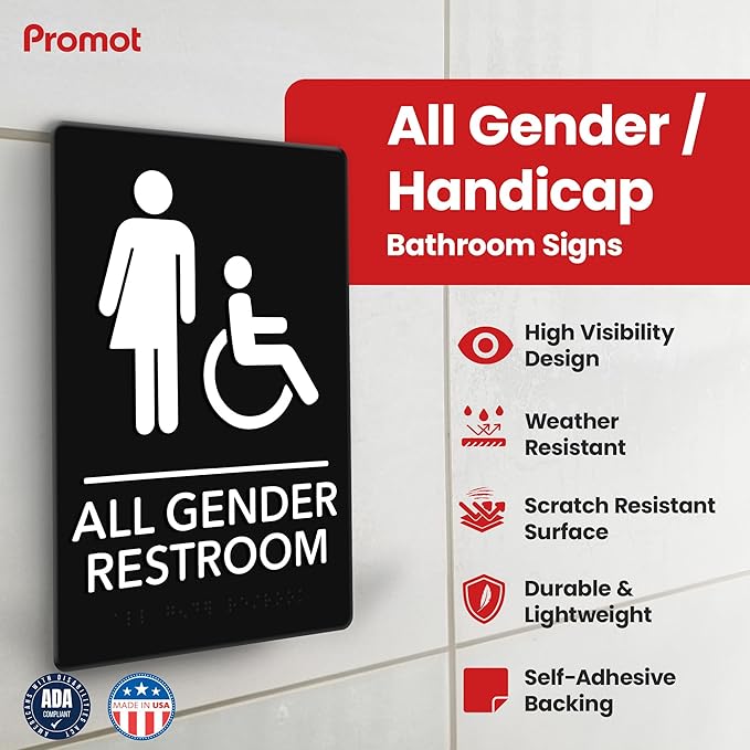 Promot All Gender Handicap Bathroom Sign – ADA Braille Restroom Sign for Business, Self-Adhesive, 9" x 6", Commercial Door Signage, Office Wall Decor - Black