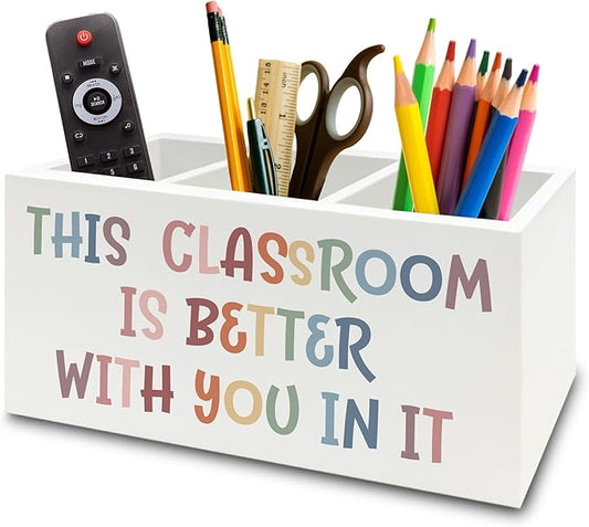 Boho Classroom Pen Pencil Holder Organizer for Desk, Inspirational Gifts, This Classroom is Better with You In It Wooden Box Sign for Home Office Desk Tabletop Decorations