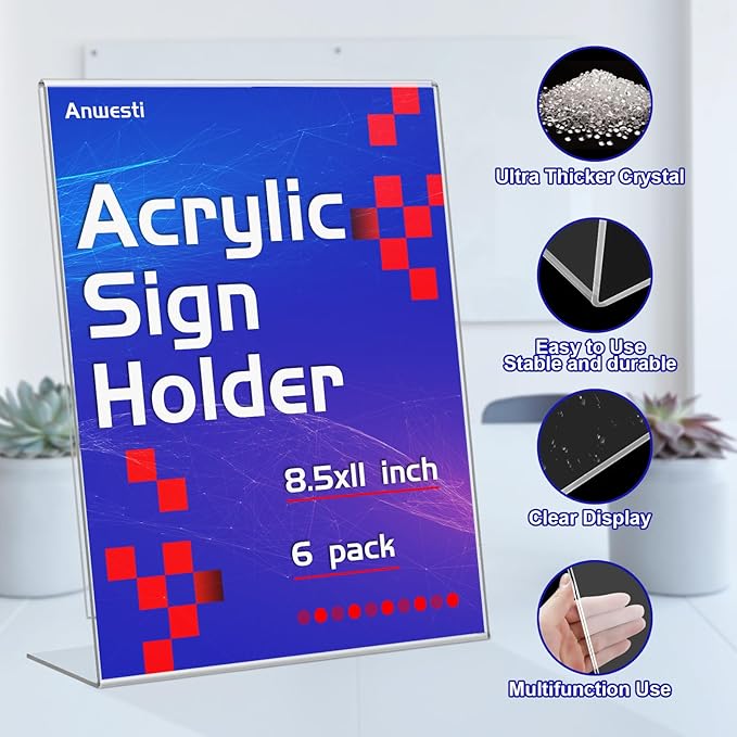 Acrylic Sign Holder 8.5" x 11" - 6 Pack Clear L-Shaped Tabletop Menu Frame for Restaurants, Photos, Posters | Slanted Back Design | Durable Promotional Display Stand