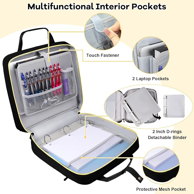 3 D-Ring Zipper Binder 2 inch with Shoulder Strap, Waterproof Oxford Binder with Zipper Storage 500 Sheets Capacity, Multi-Pockets Organizer Bag for 13 in Laptop School& Office Supplies Black