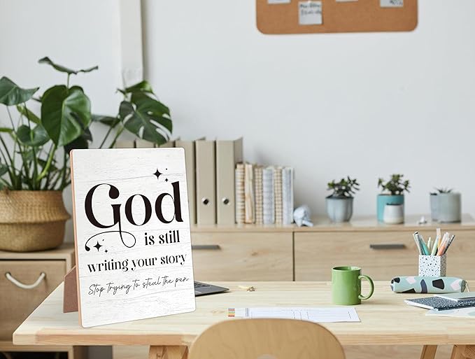 God Is Still Writing Your Story Wooden Sign with Stand, Bible Verses Decor, Christian Home Decor, Desk Signs for Office, Christian Gifts, Coworker Gifts, Encouragement Gifts for Women Men Friend,9